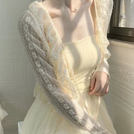 Summer Apricot Lace Belt Women Cardigan Korean Fashion V-neck Long Sleeve Cropped Tops Sweet Slim Thin Sunscreen Jacket Female