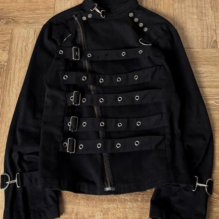 Mens Jacket Dark Streetwear Strap Cargo Coat Harajuku Unisex Cropped Fit Metal Buckle Stand Collar Fashion Trend Arrival Coat