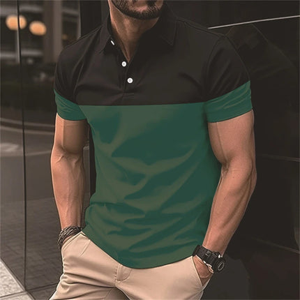 Fashion Two Tone Splicing Printed Men's Polo T Shirt Summer Lapel Short Sleeve Tops Business Casual Golf Wear Oversized T-shirts