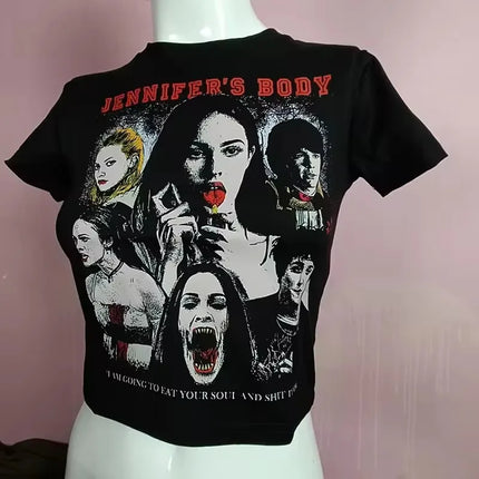 Women's T-shirt Harajuku crop Top Harajuku Retro Korean Black Demon Punk Gothic Anime Print Clothes Slim ropa mujer Y2k