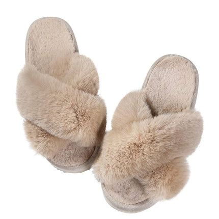 Comwarm Women's Cross Band Fuzzy Slippers Fluffy Open Toe House Slippers Cozy Plush Bedroom Shoes Indoor Outdoor Fur Sandals