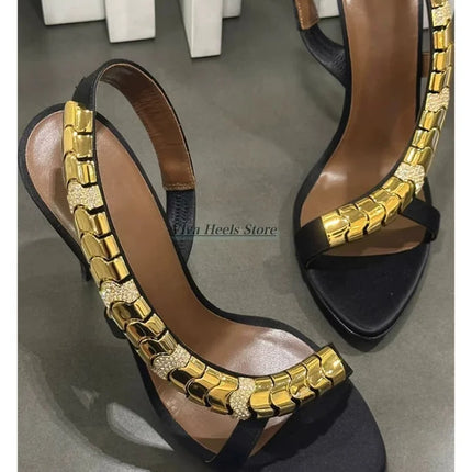 Gold metal chain sexy leather sandals for women champagne/black high heels luxury designer party gift shoes 2026 summer new in
