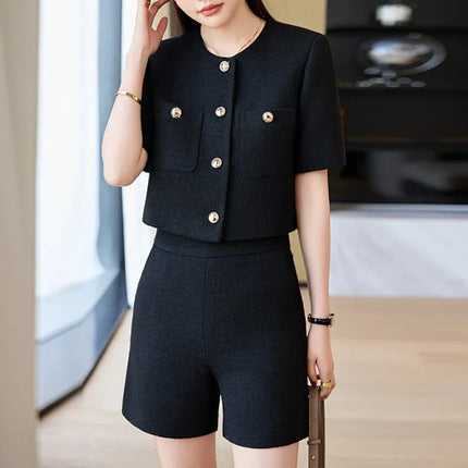 Luxury Blazer White Small Fragrance Short Sleeve Jacket Women's Summer Loose Thin Versatile Top Shorts Professional Black Suits