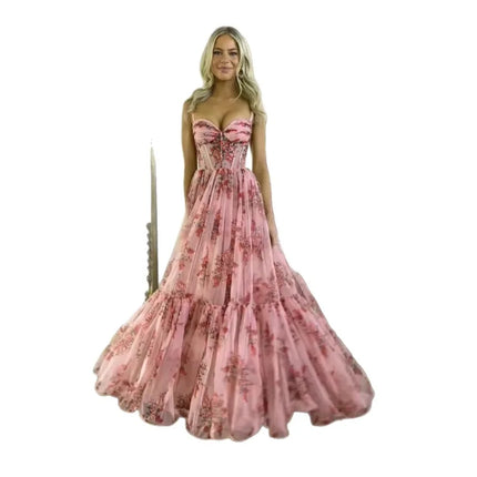 New Glamorous Pink Corset Prom Dresses Floral Printed Sleeveless Evening Gowns Floor Length Customized Formal Party Dresses