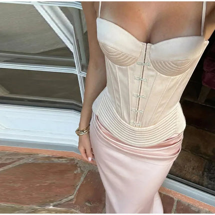 Sexy Fishbone Spaghetti Strap Corset Women's Slim Waist-cinching Backless Lace-up Tank Tops 2026 Summer New Female Pleated Top