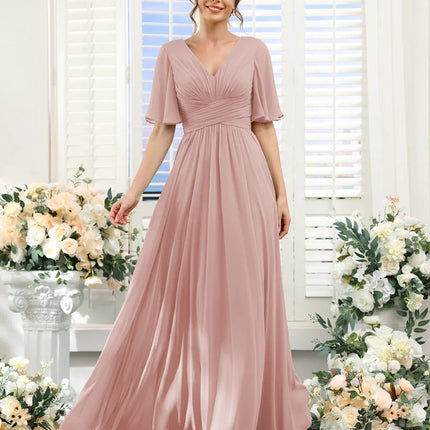 A Line Chiffon Bridesmaid Dresses Short Sleeve V Neck Slit Pleat Elegant Wedding Party Formal Prom Evening Zipper Back