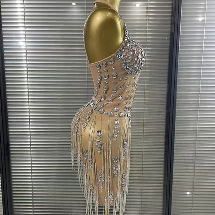Luxury Crystals Diamonds Evening Party Dress Women Sexy Halter See Through Mesh Birthday Gowns Nightclub Singer Stage Wear