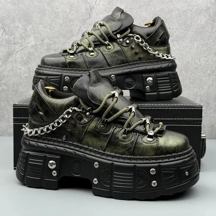 8cm High Leather Casual Shoes for Men Punk Metal Rivet Thick-Soled Mans Shoes Fashion Retro Heightening Leather Shoes Zapatillas