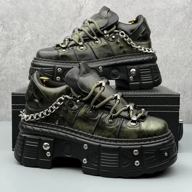 8cm High Leather Casual Shoes for Men Punk Metal Rivet Thick-Soled Mans Shoes Fashion Retro Heightening Leather Shoes Zapatillas