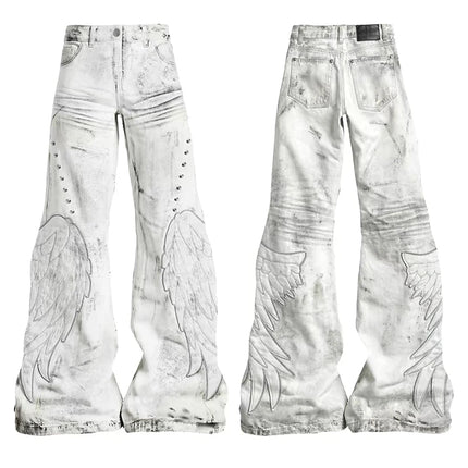 Y2K Distressed Wing Patch Embroidery Slight Flare Pants Slim Punk Jeans for Men and Women