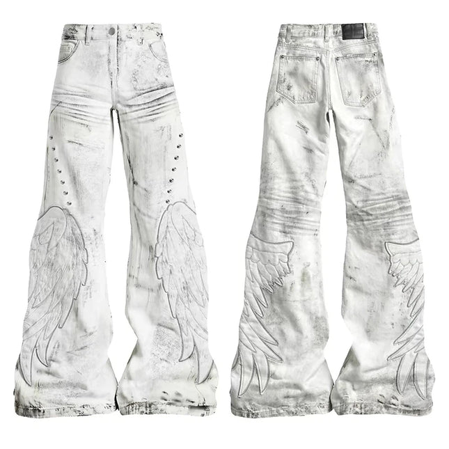 Y2K Distressed Wing Patch Embroidery Slight Flare Pants Slim Punk Jeans for Men and Women