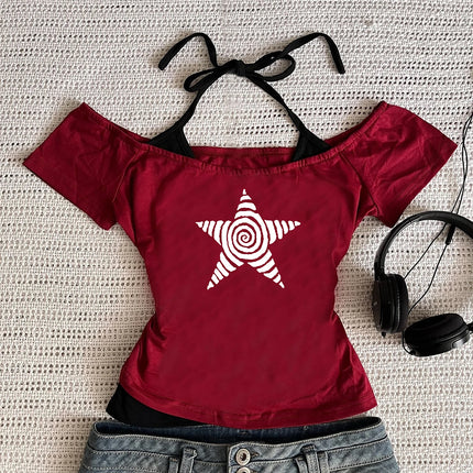Women's Harajuku 2025 Summer Casual T-Shirt Y2K Retro Streetwear Halter Neck Print Fake Two-Piece Set Fashionable Street Style