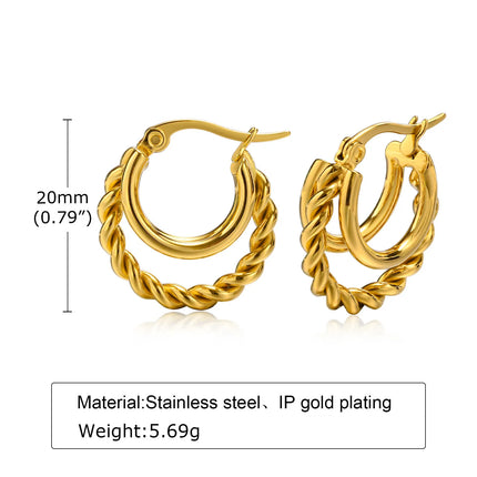 SKU Trendy Stainless Steel Hoop Earrings for Women Girls Party Gift, Gold Plated Metal Layered Twisted Rope Huggie Ear Jewelry
