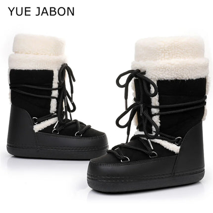 Pink Lamb Fleece Cotton Snow Boots for Women 2026 Winter Soft Warm Comfortable Lace-up Mid-calf Boots Soft Non-slip Ski Boots