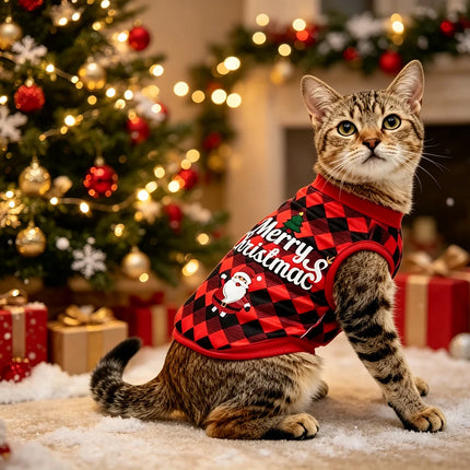 Cute Cat Vest Christmas Pet Costume For Small Medium Dogs Cats Apparel Funny Santa Claus Print Kitten T-shirt Dress Up Clothing