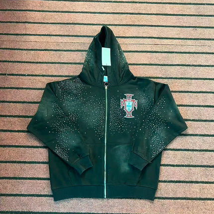 E Washed BlackHole Set with Diamonds Fashion  Men 1:1 High Street Women Streetwear American Streetwea zipper VA Hoodies