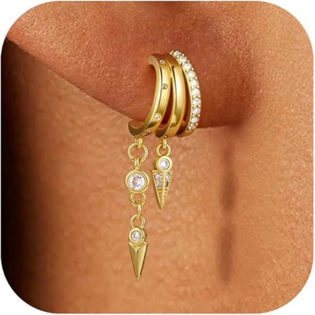 14k Gold Plated Triple Huggie Stud Earrings for Women Sparkling CZ Chain Tassel Hypoallergenic Dangle - product image 2