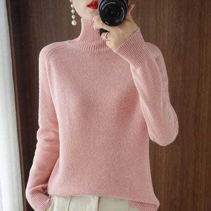 Basic Autumn Winter Merino Wool Sweater Mock Neck Cashmere Pullover Solid Color Soft Long Sleeve Basic
