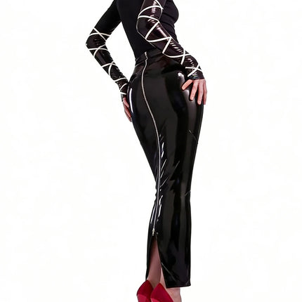 Women's Sexy Black Wet Look Glossy Faux Leather Skirt High Waist Stretch Bodycon Pencil Midi Zipper Split Club Party Summer 2026