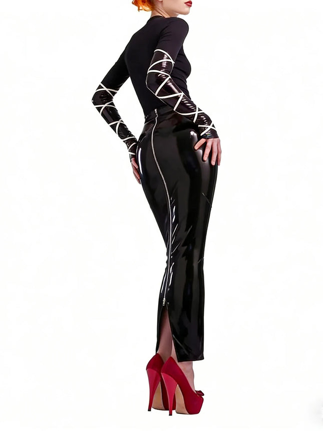 Women's Sexy Black Wet Look Glossy Faux Leather Skirt High Waist Stretch Bodycon Pencil Midi Zipper - product image 7