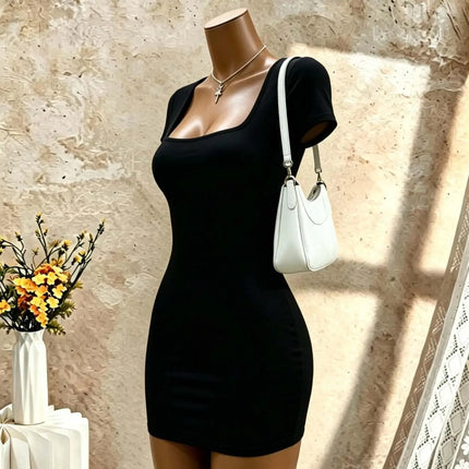 Square Neck Short Sleeve Bodycon Mini Dress Solid Black Slim Fit Pencil Club Party Night Out Tight Short