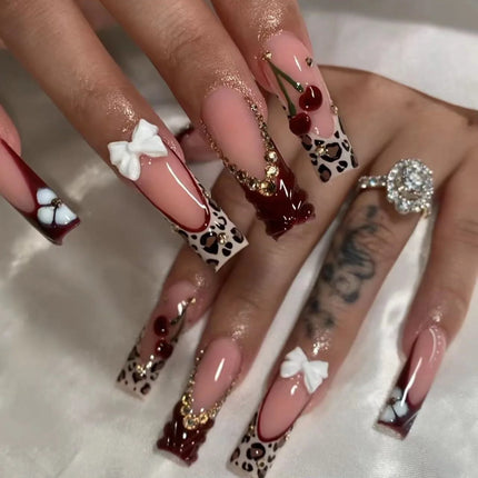 24Pcs Brown Long Coffin False Nails Glitter Ballet Wearable with French Design Fake nails Full Press on Nail Ins Nail Tips Art