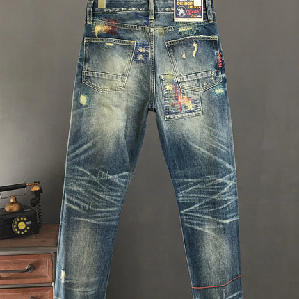 100% Cotton Heavyweight Ripped Patch Jeans for Men Autumn/winter Loose Straight Spliced Denim American Vintage High-street Pants
