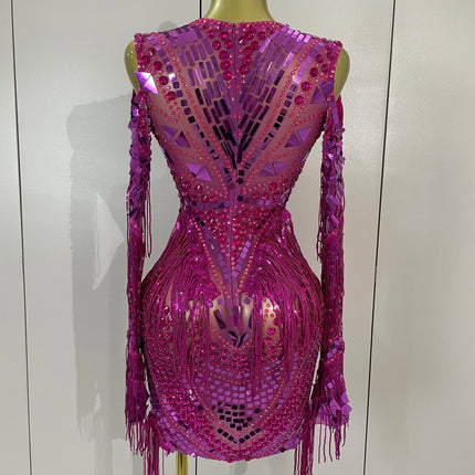 New Sparkly Diamonds Sequin Tassels Sexy Mesh Short Dress Women Evening Party Celebrate Birthday Nightclub Show Photo Shoot Wear