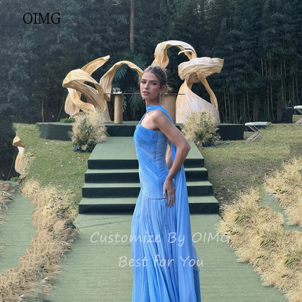 OIMG Gradient Blue A Line Prom Gowns One Shoulder Pleated Party Gown Floor Length Evening Dress vestidos de festa Customized