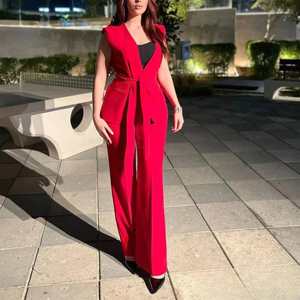 KONDALA Office Lady Chic Red Vest Blazer Suit V Neck Sashes Sleeveless Blazer High Waist Wide Leg Pants Fashion 2025 Summer Sets