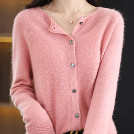 New Fashion Spring 100% Merino Wool Womens O-neck Cardigan Cashmere Sweater 2024 Female Clothing Grace Knitwear Korean Tops