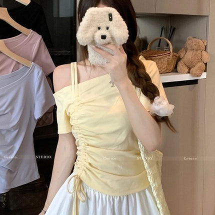 Sweet One Shoulder Drawstring Short Sleeve T Shirt Women Summer Off Shoulder Top Elegant Sexy Solid Color Cropped Basic Blouse