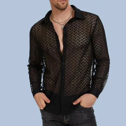 Casual Transparent Mesh Long Sleeve Shirt New Sexy Perspective Men Long Sleeve V-neck T-shirt Top Bar Club Hollow Mesh Men's Top