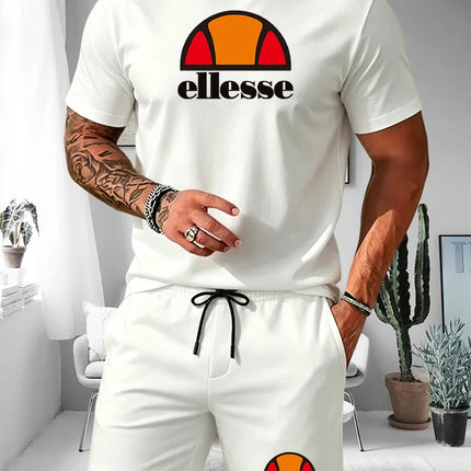 Ellesse Men's Summer Casual Sports Set Short Sleeve T-Shirt + Shorts Two-Piece Trendy Print Breathable Quick-Dry Fitness Wear