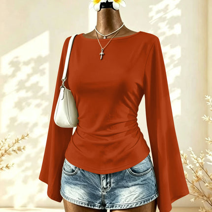 Boat Neck Flare Long Sleeve Side Ruched Fitted Casual Blouse Slim Fit Basic Top