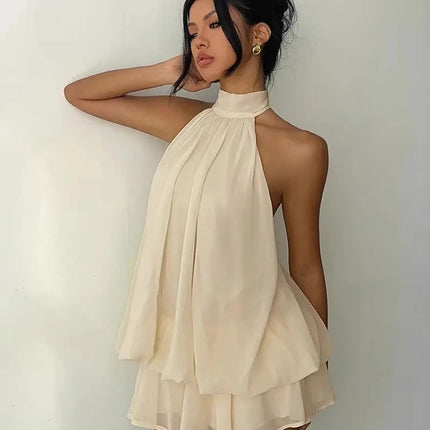 Women Halter Neck Backless Tie Mini Dress Summer Sleeveless Chiffon Ruffle Short Dresses Sexy Club Party Beach Vacation Outfit