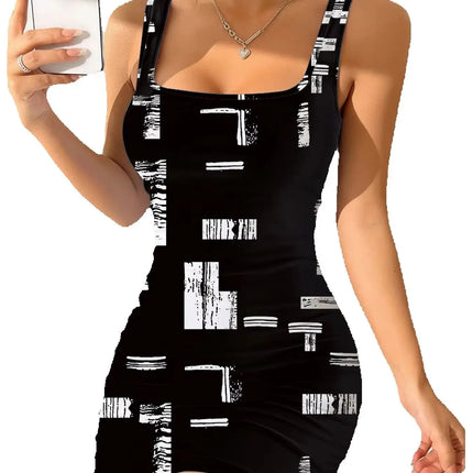 Women's Geometric Print Round Neck Sleeveless Camisole Dress Summer Casual Fashion Comfortable Mid-Length Skirt