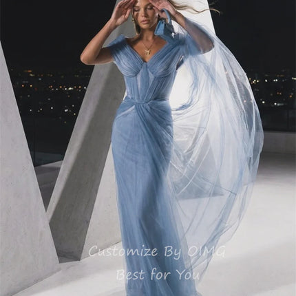 OIMG Pastrol Dusty Blue Mermaid Prom Gowns Off The Shoulder Pleated Party Gown Tulle Floor Length Evening Dress Customized