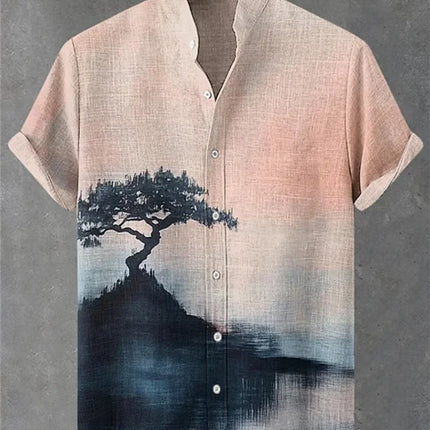 Men's Quirky Retro Cat Printed Linen Shirt Short Sleeve Fashionable Stand up Collar Outdoor Casual Party Wear