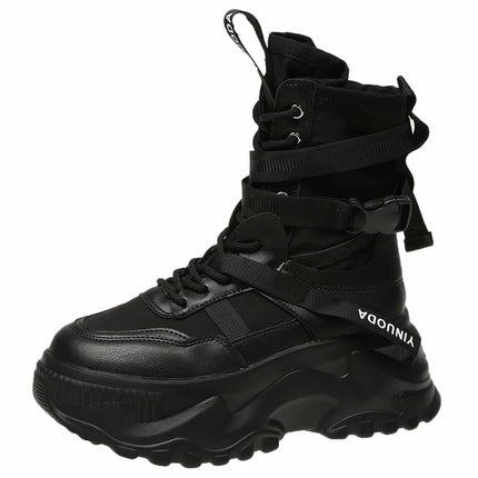 White Chunky Platform Motorcycle Boots Women Buckle Lace Up Thick Bottom Ankle Boots Woman 2024 Autumn Fashion Vulcanized Shoes