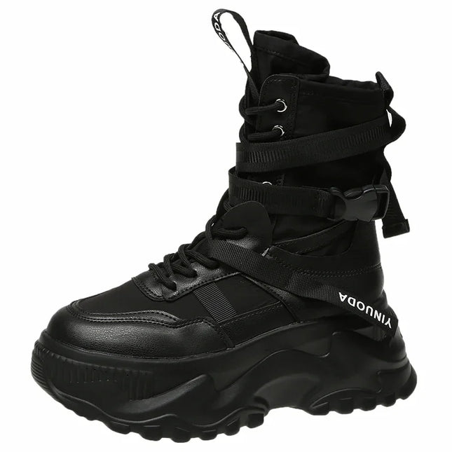 White Chunky Platform Motorcycle Boots Women Buckle Lace Up Thick Bottom Ankle Boots Woman 2024 Autumn Fashion Vulcanized Shoes