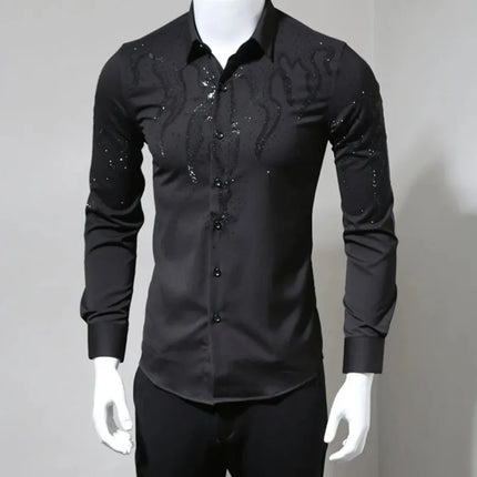 Men's Spring Autumn Light Luxury Rhinestone Shirt Fashion Versatile Slim Fit Long Sleeve Stylish Casual Button Down Top