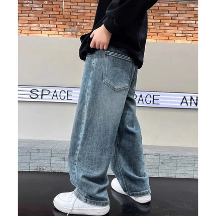 5-14Y Boys Jeans Pants Spring Kids Wide Leg Straight Trousers Autumn Loose-Fit Casual Trousers Children's Trendy Sweatpants