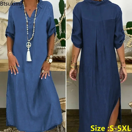 Plus Size 4XL 5XL Casual Denim Dress for Women Spring Summer Dresses Lapel Split Loose Long Ladies Jeans Dress Vestidos Female