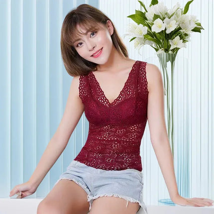 Ubowen For 40100kg Deep V Lace Plus Size Women Camisole Top With Chest Pads For Women Wide Shoulder Straps
