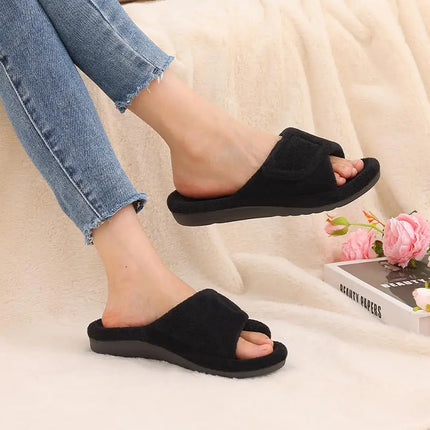 Comwarm Winter Women's Fur Fuzzy Slippers Adjustable Open Toe Furry Slide With Arch Support Four Seasons Cozy Fluffy House Shoes