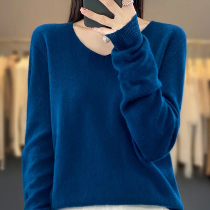 Fashion100% Merino Wool Sweater Cashmere  Pullover Women Knitwear V-Neck Long Sleeve  Autumn Winter Fashion Basic Clothing  Tops