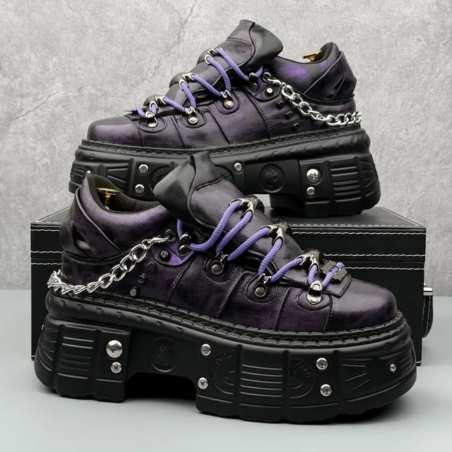 8cm High Leather Casual Shoes for Men Punk Metal Rivet Thick-Soled Mans Shoes Fashion Retro Heightening Leather Shoes Zapatillas
