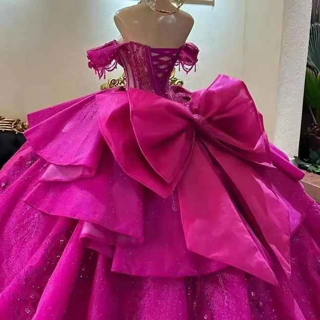 ANGELSBRIDEP Glänzende Fuchsie Quinceanera Kleider mit Schleife Glitzernde Perlen Spitze Kristall Vestidos De 15 Anos Geburtstagsfeier Ball