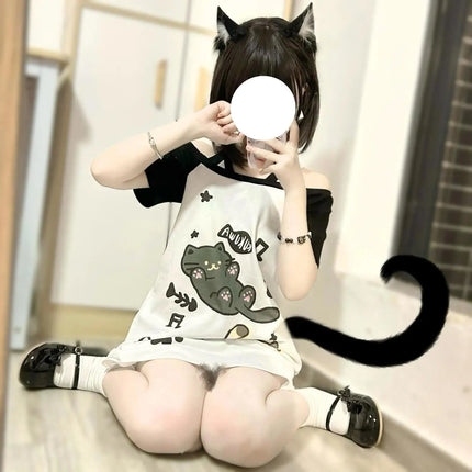 Japanese Patchwork Women Off Shoulder Graphic T Shirts Kawaii Cute Cartoon Print T-shirt Sweet Cat Tops Y2k Aesthetic Grunge Tee